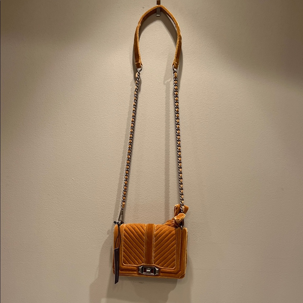 Rebecca Minkoff Elegant Gold Velvet Quilted Shoulder Bag